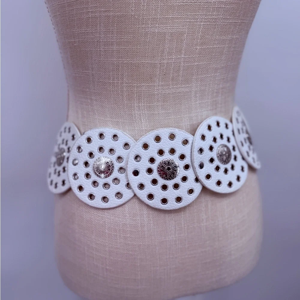 White Concho Disc Belt Western Boho Statement Festival OS